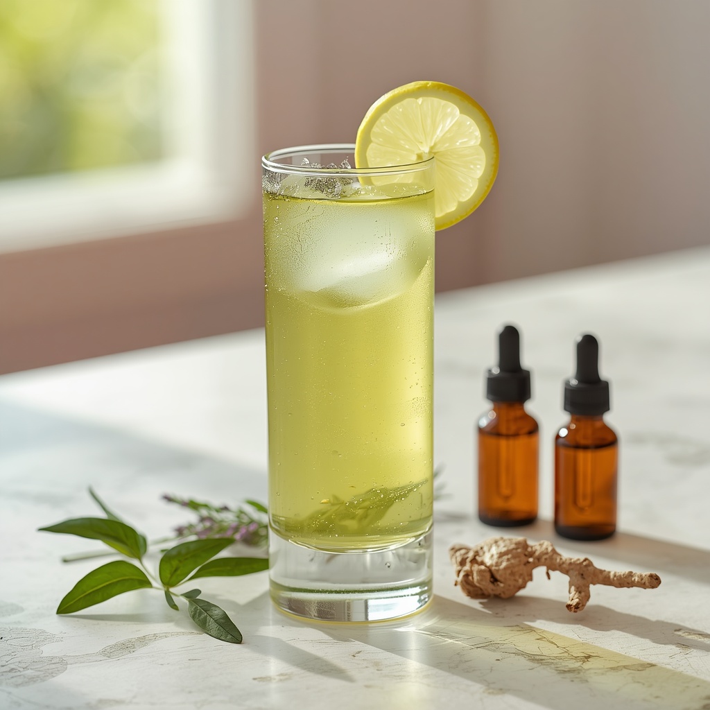Alertness Bloom Elixir — The Morning Sip for People Who Sleep 10 Hours and Still Feel Exhausted lucid origin hyper realistic close up editorial food photography of a bright lavender amber a 3
