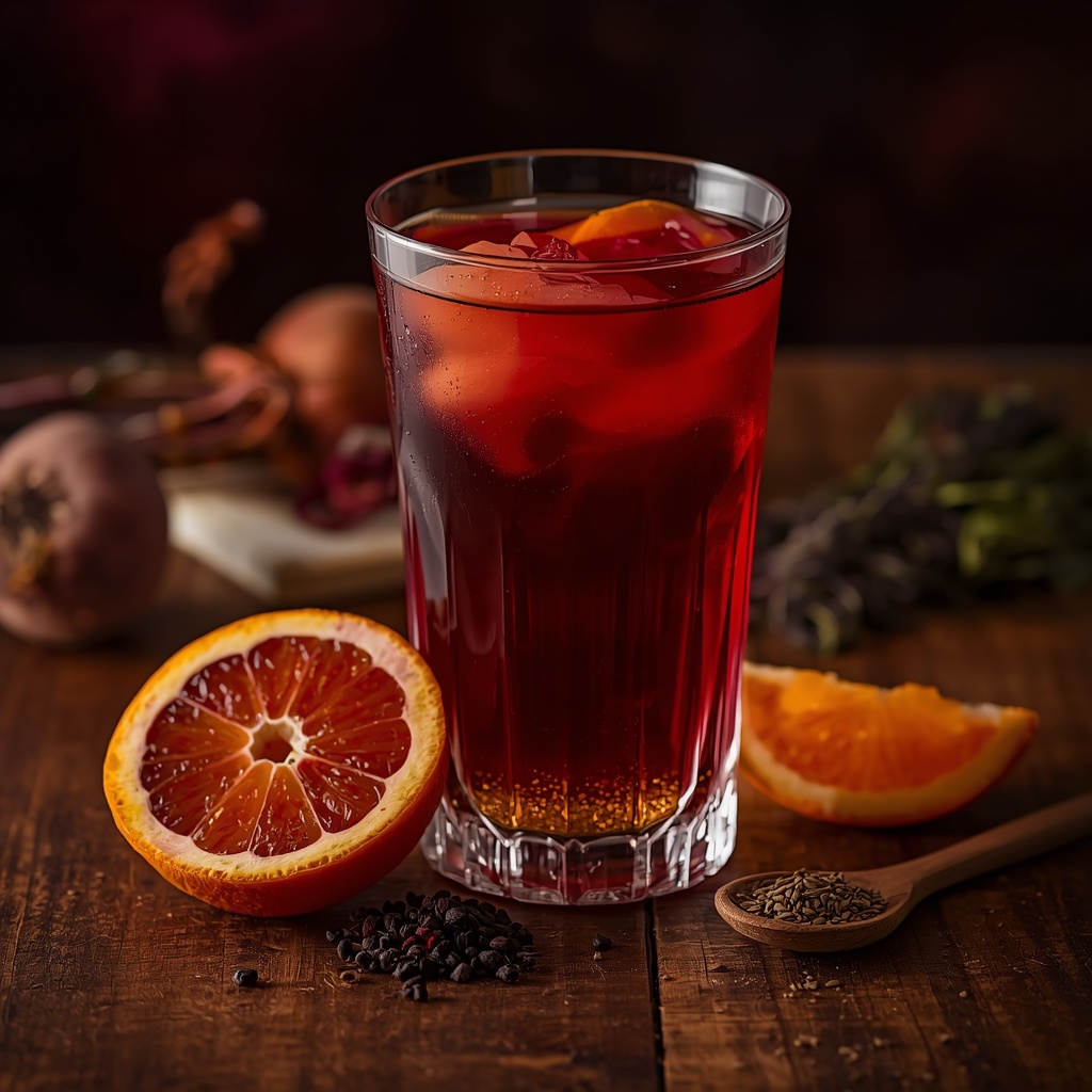 Iron Unlock Elixir — The Morning Sip for Anemia That Iron Pills Can't Fix lucid origin hyper realistic close up editorial food photography of a deep amber crimson iron 3