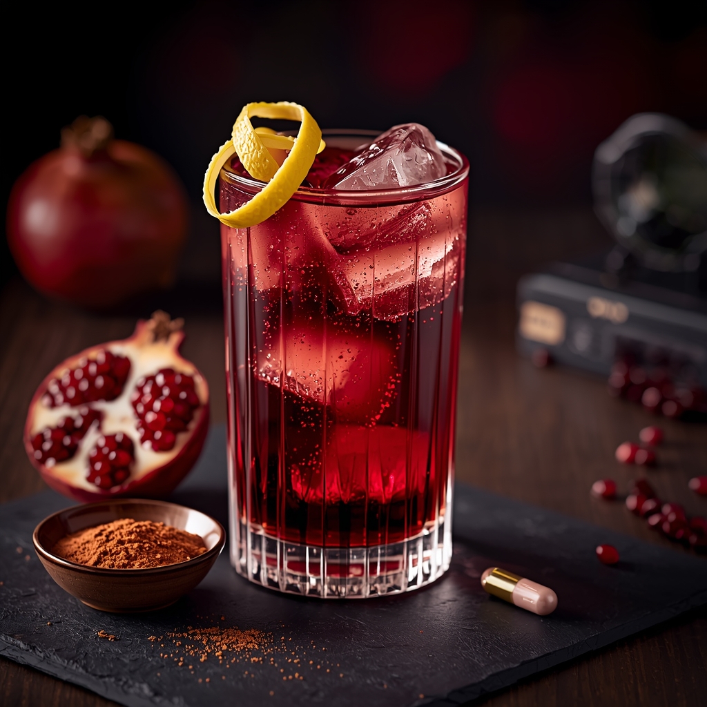 Pomegranate Nattokinase Shield — Fight Arterial Plaque with a 5-Minute Science-Backed Elixir lucid origin hyper realistic close up editorial food photography of a deep jewel toned ruby g 3
