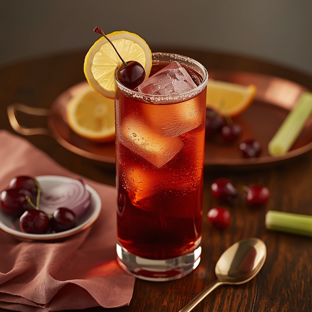 Uric Urate Calm — The Ruby-Amber Tonic That Targets the Same Enzyme as Allopurinol, Naturally lucid origin hyper realistic close up editorial food photography of a deep ruby amber uric ur 0