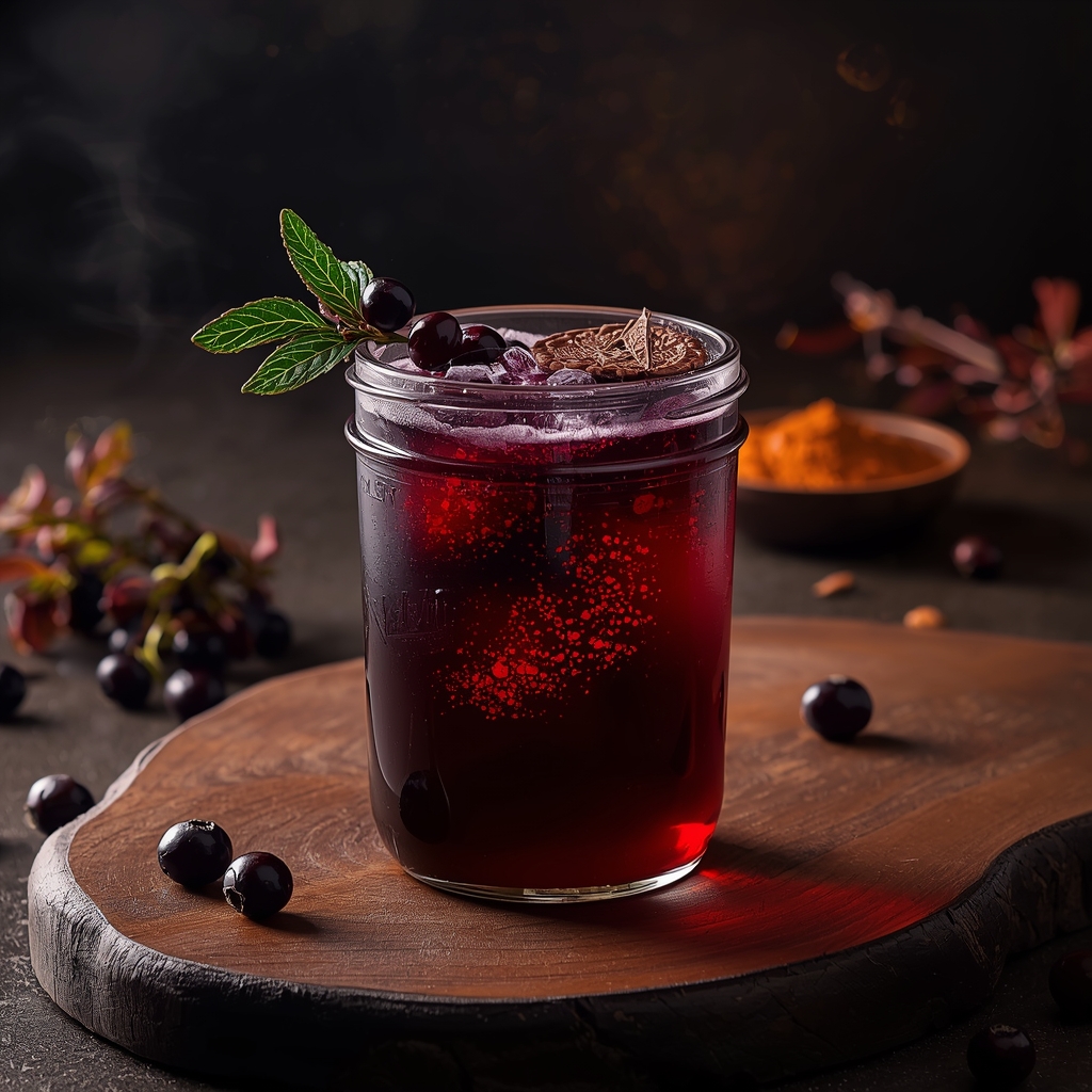 ElderGuard Fortress — The Three-Layer Immune Defense Drink Backed by Real Science lucid origin hyper realistic close up editorial food photography of a deep violet burgundy im 0