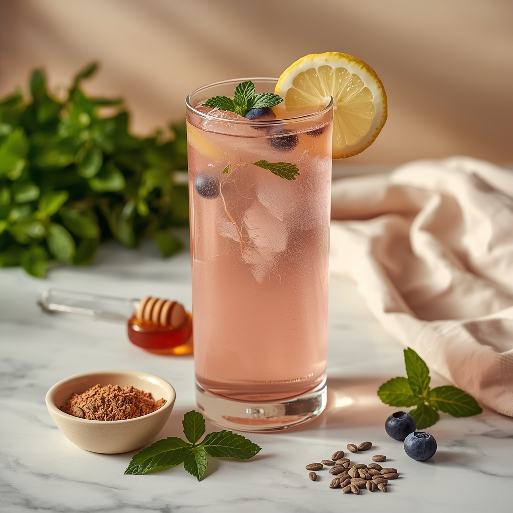 Lip Ring Calm Tonic โ The Inside-Out Sip for Stubborn Perioral Dermatitis lucid origin hyper realistic close up editorial food photography of a delicate pale rose pink 1