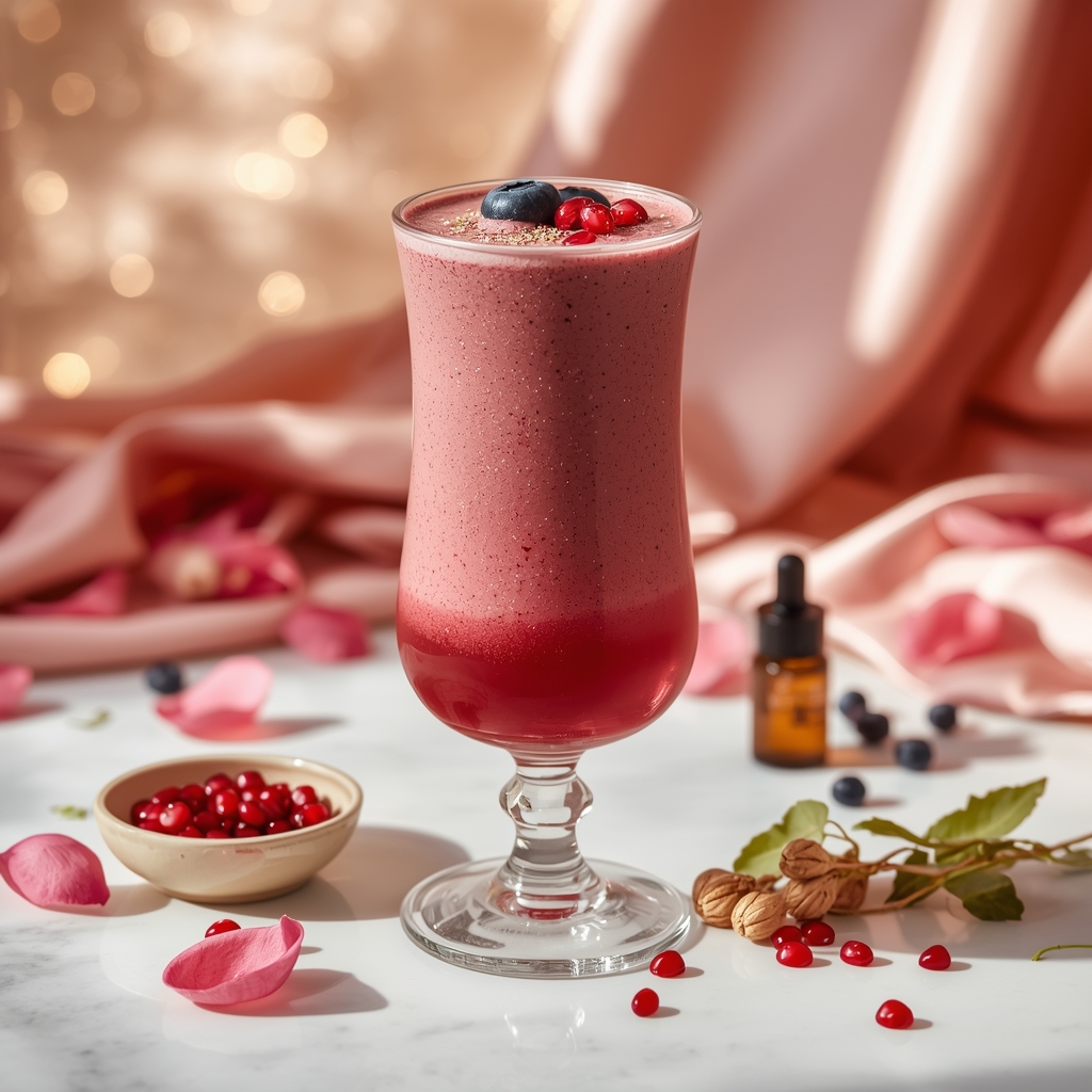 Striae Fade Elixir โ The Berry Smoothie for the 6-Month Stretch Mark Window lucid origin hyper realistic close up editorial food photography of a gorgeous deep rose burg 1