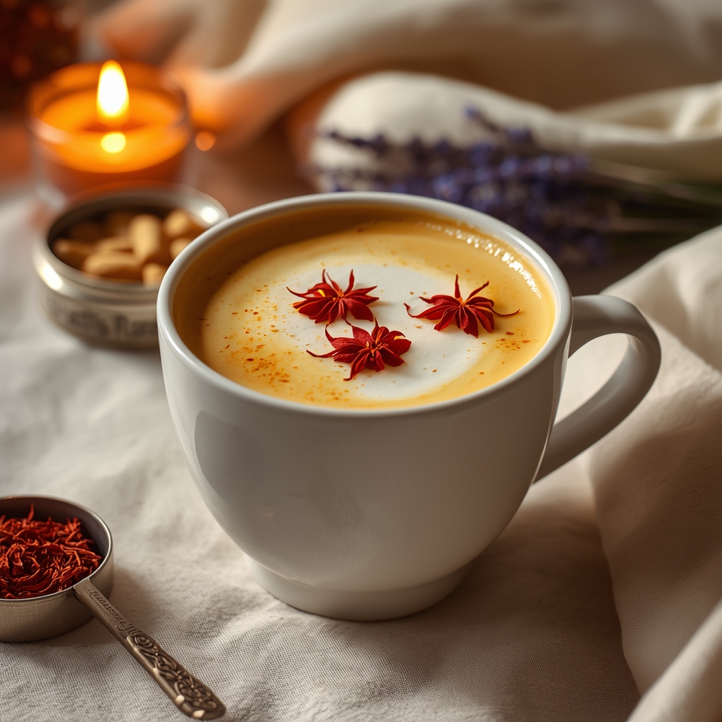 Saffron Sun Elixir — The Mood-Lifting Golden Latte Backed by Clinical Science lucid origin hyper realistic close up editorial food photography of a luxurious warm deep gol 0