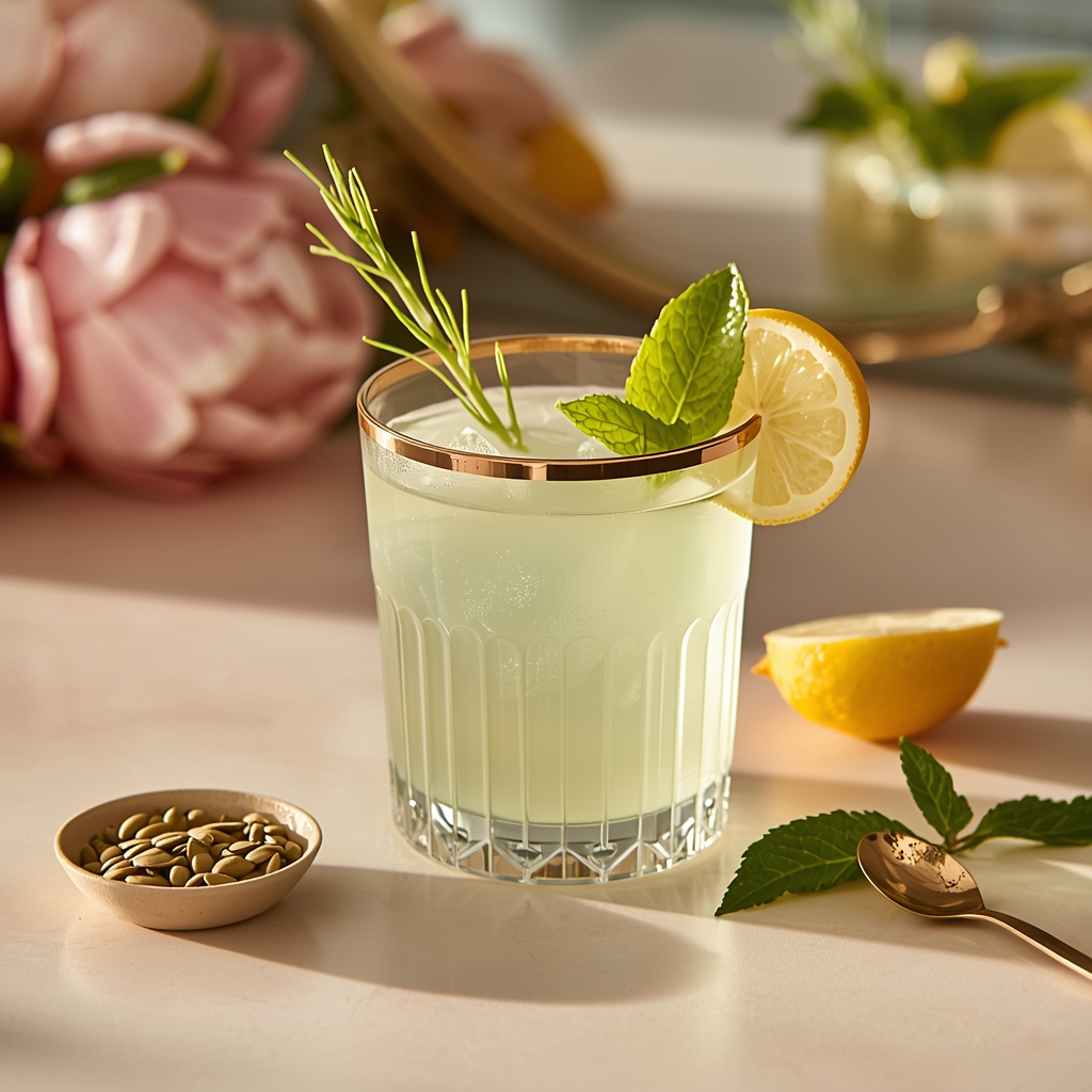 Zinc Clarity Infusion — The Hormone-Balancing Skin Drink Dermatologists Have Known About Since the 1970s lucid origin hyper realistic close up editorial food photography of a pale gold green zinc cl 2