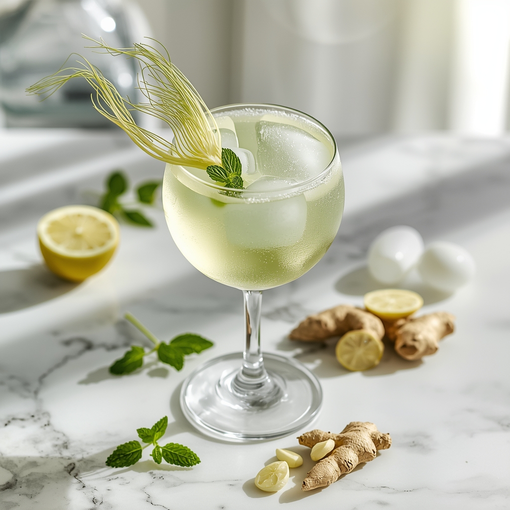 Fennel Frost Revival . The 7-Minute Low-FODMAP Tonic That Stops Bloating Before It Starts lucid origin hyper realistic close up editorial food photography of a pale golden green fenne 0 copie