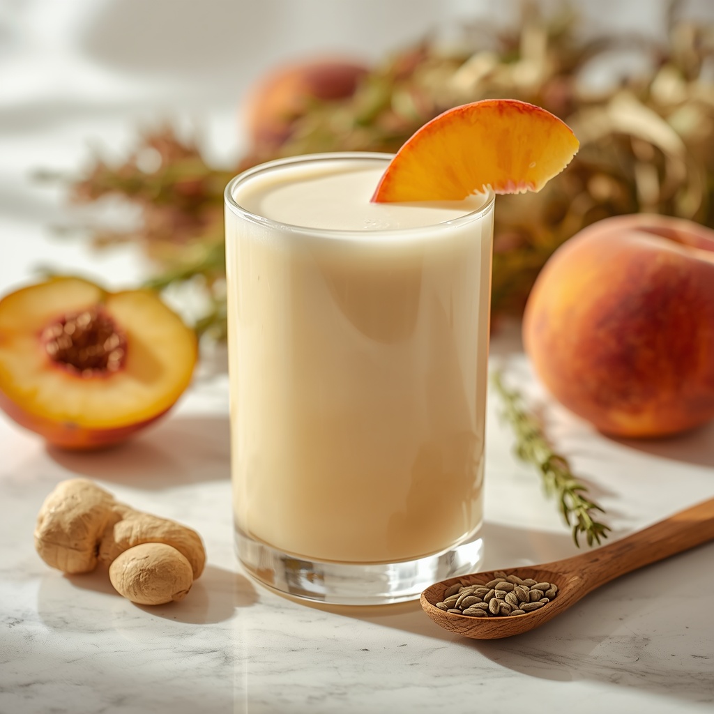 Prokinetic Peach Flow — The Gentle Pre-Meal Sip for Stomachs That Won't Empty lucid origin hyper realistic close up editorial food photography of a silky pale peach cream 2