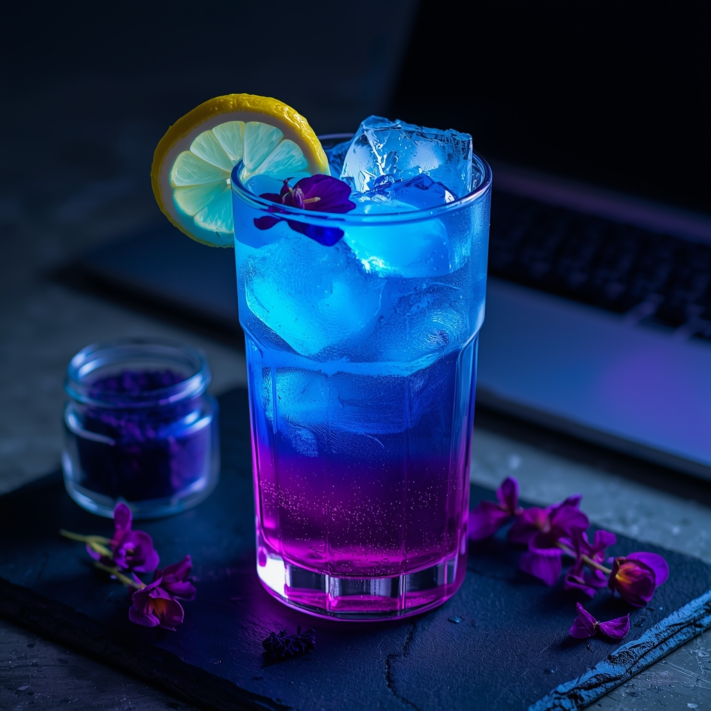 Bacopa Blue Focus Flow — The Attention-Boosting Drink That Changes Color Before Your Eyes lucid origin hyper realistic close up editorial food photography of a stunning electric cobal 0