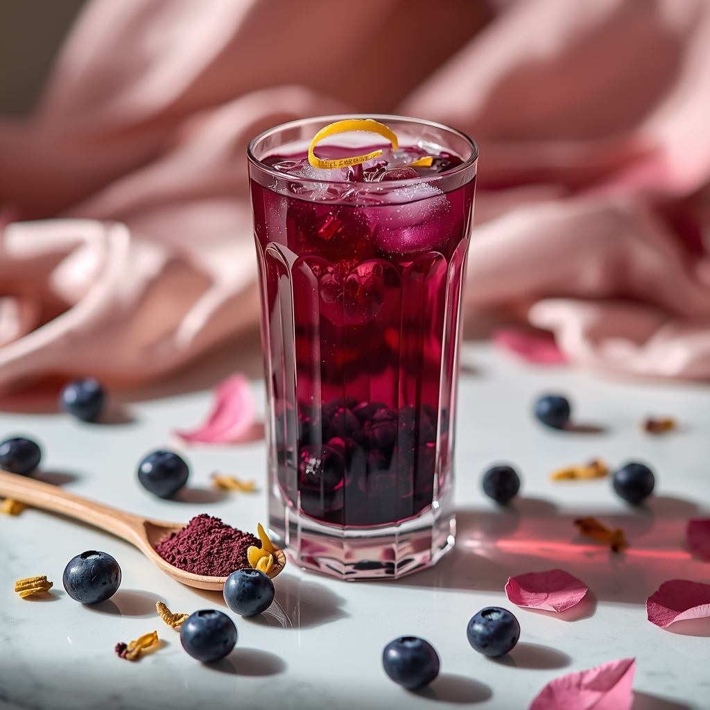 Vessel Veil Elixir โ A Capillary-Strength Drink for Vascular Dark Circles lucid origin hyper realistic close up editorial food photography of a vivid deep violet purpl 0