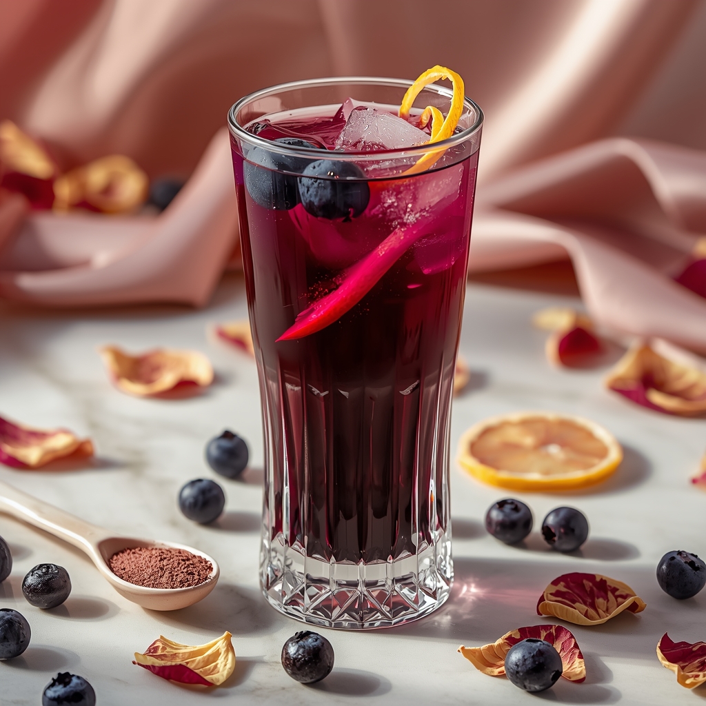 Vessel Veil Elixir — A Capillary-Strength Drink for Vascular Dark Circles lucid origin hyper realistic close up editorial food photography of a vivid deep violet purpl 1