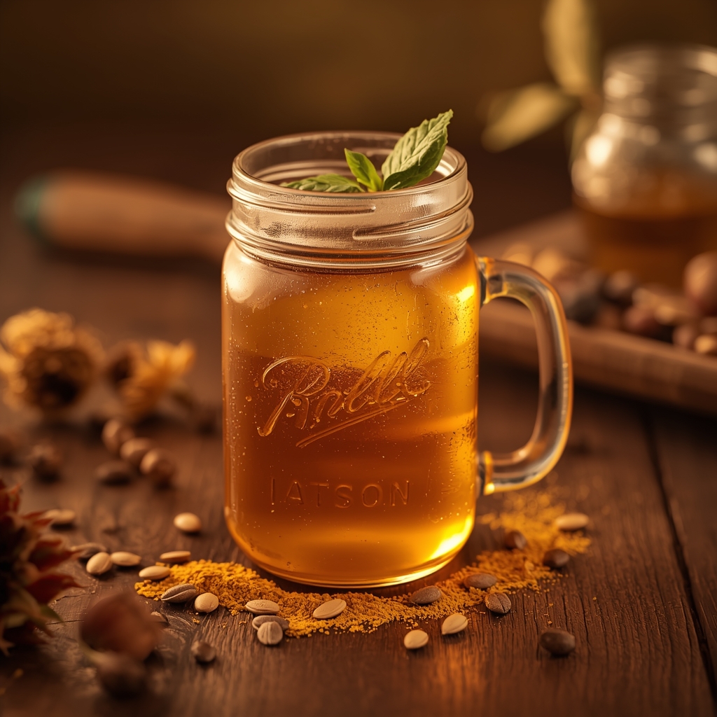 Amla Melanin Revival — The Golden Tonic That Feeds Your Skin's Pigment-Making Biochemistry lucid origin hyper realistic close up editorial food photography of a warm golden amber melan 0