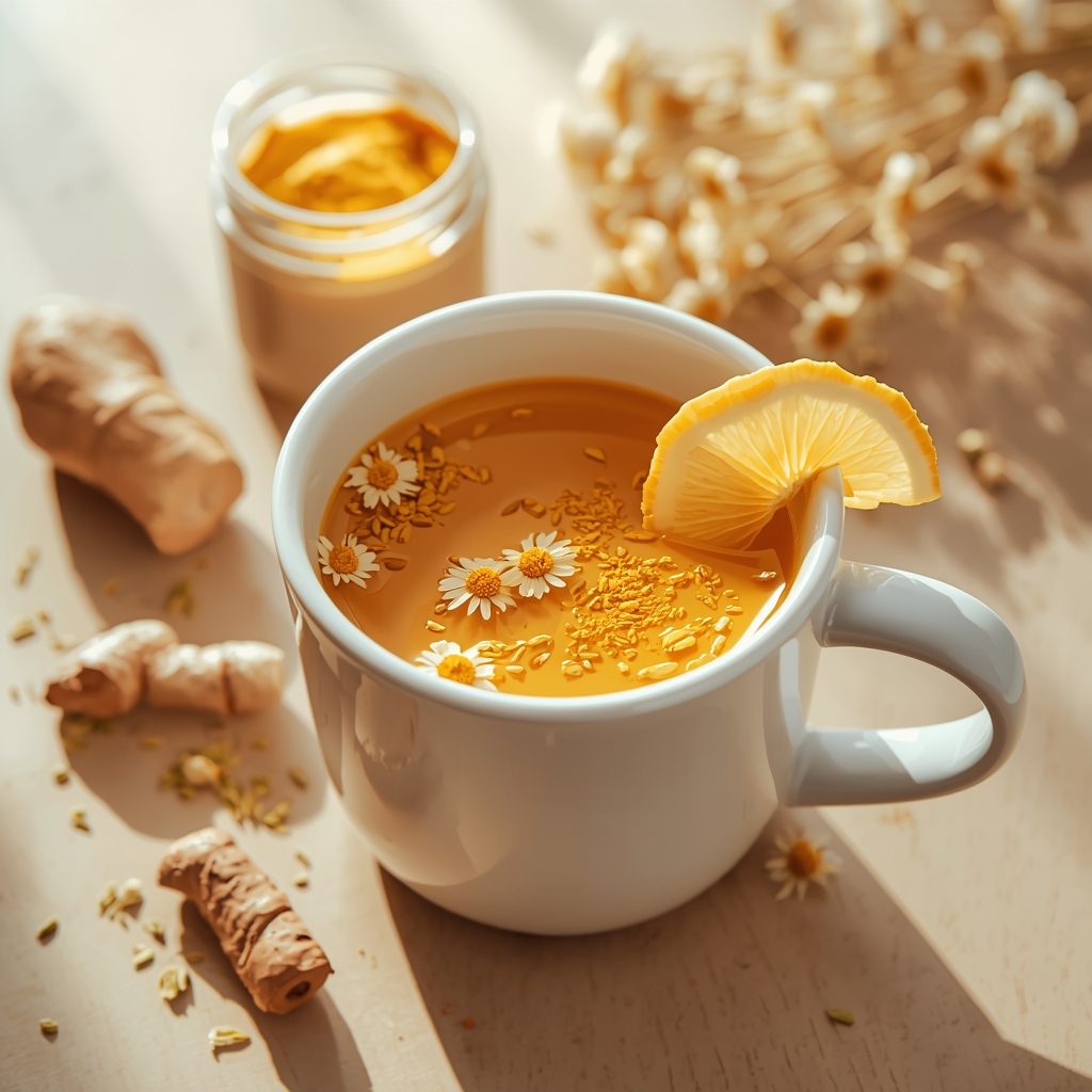 Petasite Calm Wave: The Migraine Prevention Tonic Backed by Level A Clinical Evidence lucid origin hyper realistic close up editorial food photography of a warm golden amber migra 0