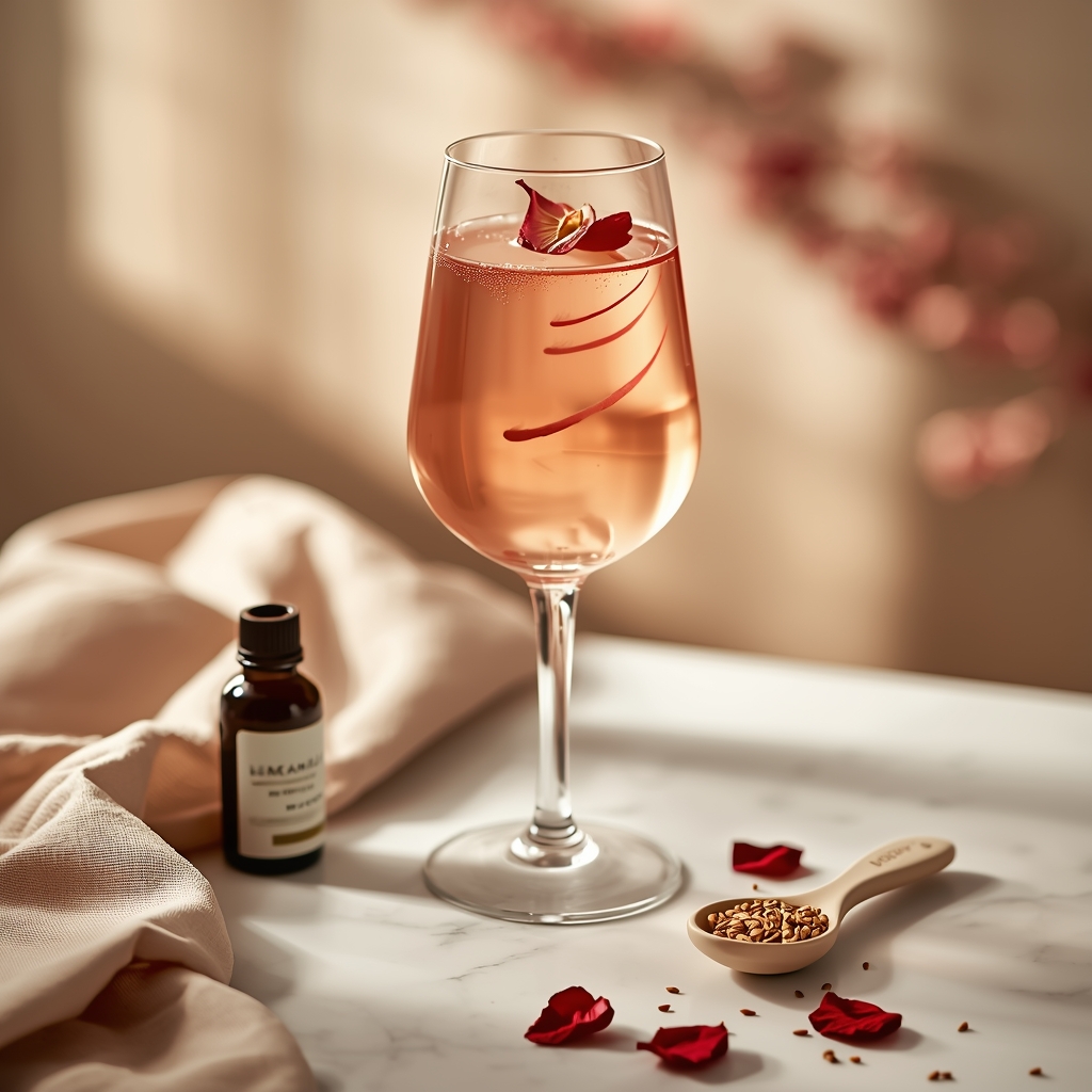 lucid origin hyper realistic close up editorial food photography of a warm rose peach elixir 0