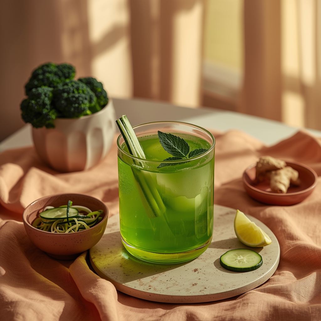 Seagrass Thyroid Calm: The Jade Tonic That Quiets Hashimoto Inflammation at Three Pathways lucid origin hyper realistic editorial lifestyle food photography of a bright jade green broc 2