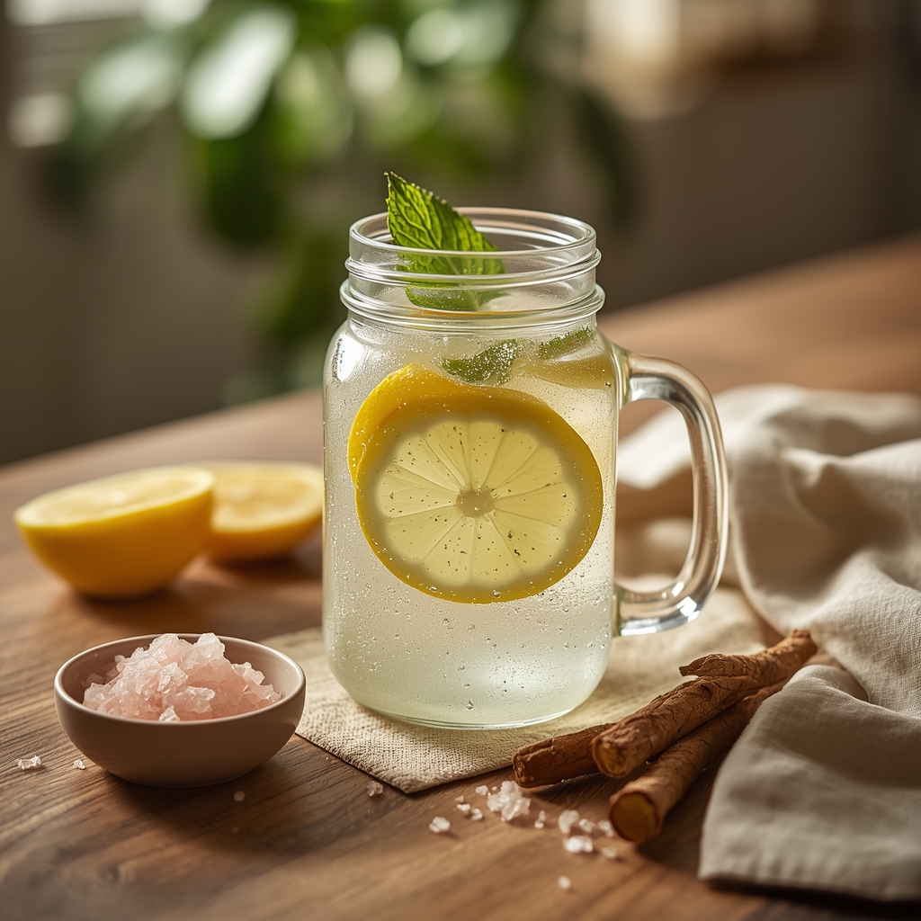 Orthostatic Anchor Tonic — The POTS-Friendly Morning Drink That Anchors Your Blood Volume lucid origin hyper realistic editorial lifestyle food photography of a crystal clear hydratin 0