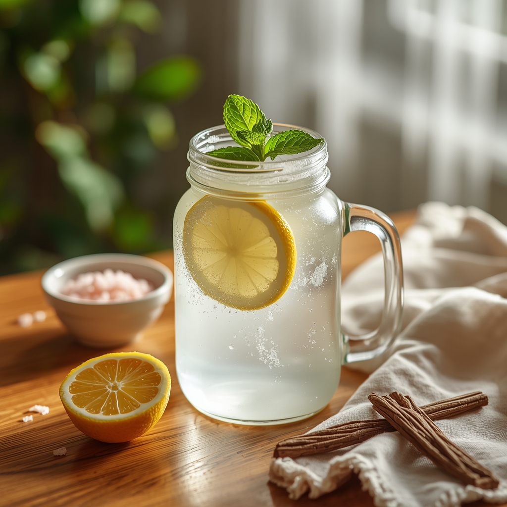 Orthostatic Anchor Tonic — The POTS-Friendly Morning Drink That Anchors Your Blood Volume lucid origin hyper realistic editorial lifestyle food photography of a crystal clear hydratin 2
