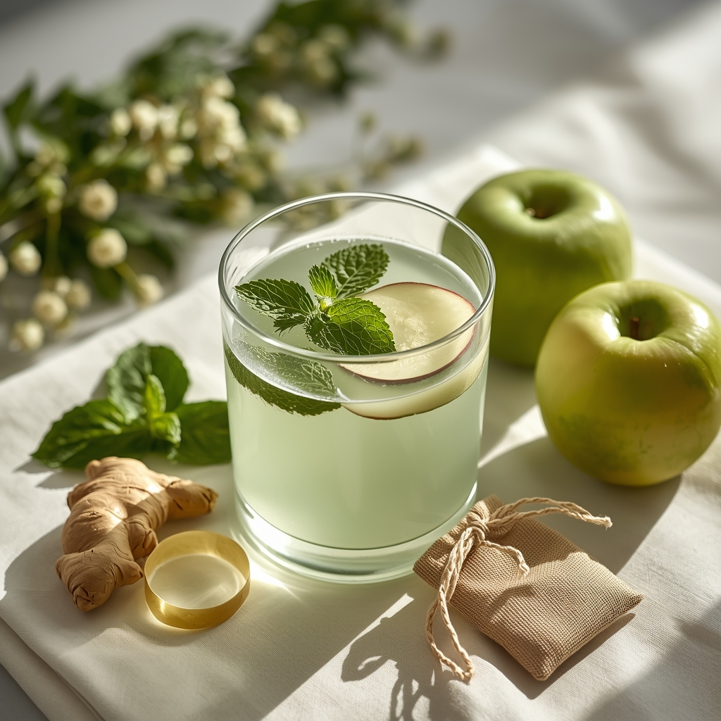 DAO Harmony Elixir — A Low-Histamine Drink for the Reactive Gut lucid origin hyper realistic editorial lifestyle food photography of a delicate pale jade gre 1
