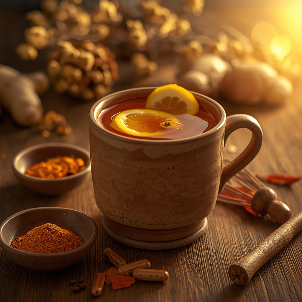 Shoulder Dawn Brew — The Warm Anti-Inflammatory Companion for Polymyalgia Rheumatica lucid origin hyper realistic editorial lifestyle food photography of a glowing warm golden am 0