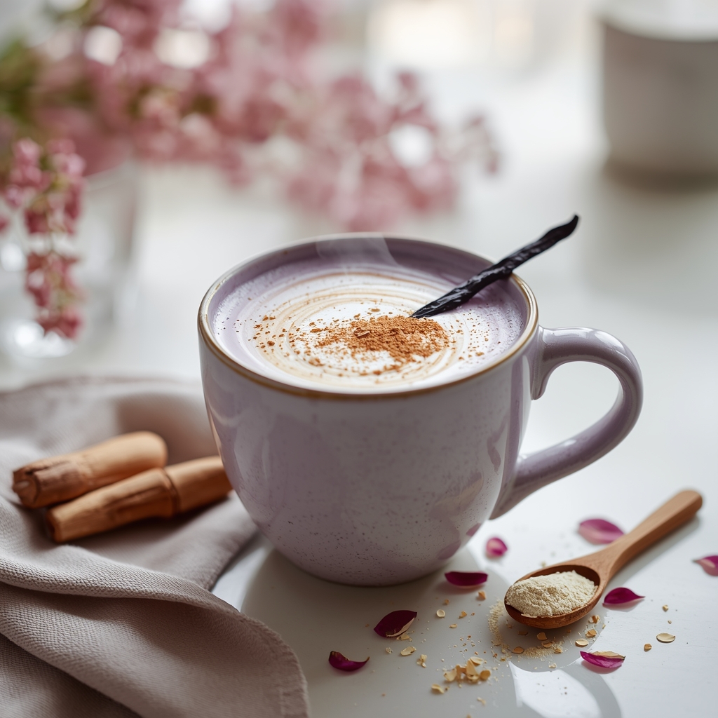 Dawn Phosphoryl Calm — A Caffeine-Free Latte for Burnout Mornings lucid origin hyper realistic editorial lifestyle food photography of a soft creamy lavender c 0