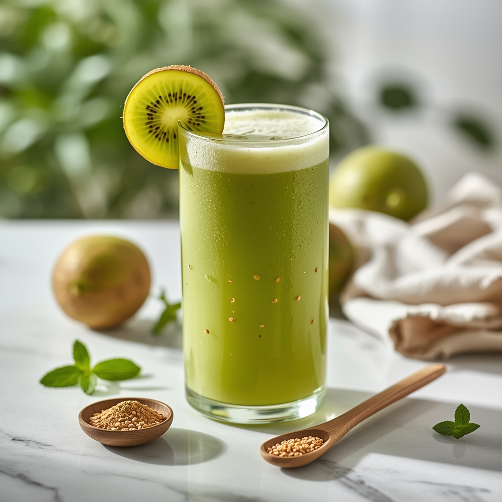 Colon Flow Unlock — The Kiwi-Magnesium Morning Sip for Slow Transit Constipation lucid origin hyper realistic editorial lifestyle food photography of a vibrant fresh green go 1