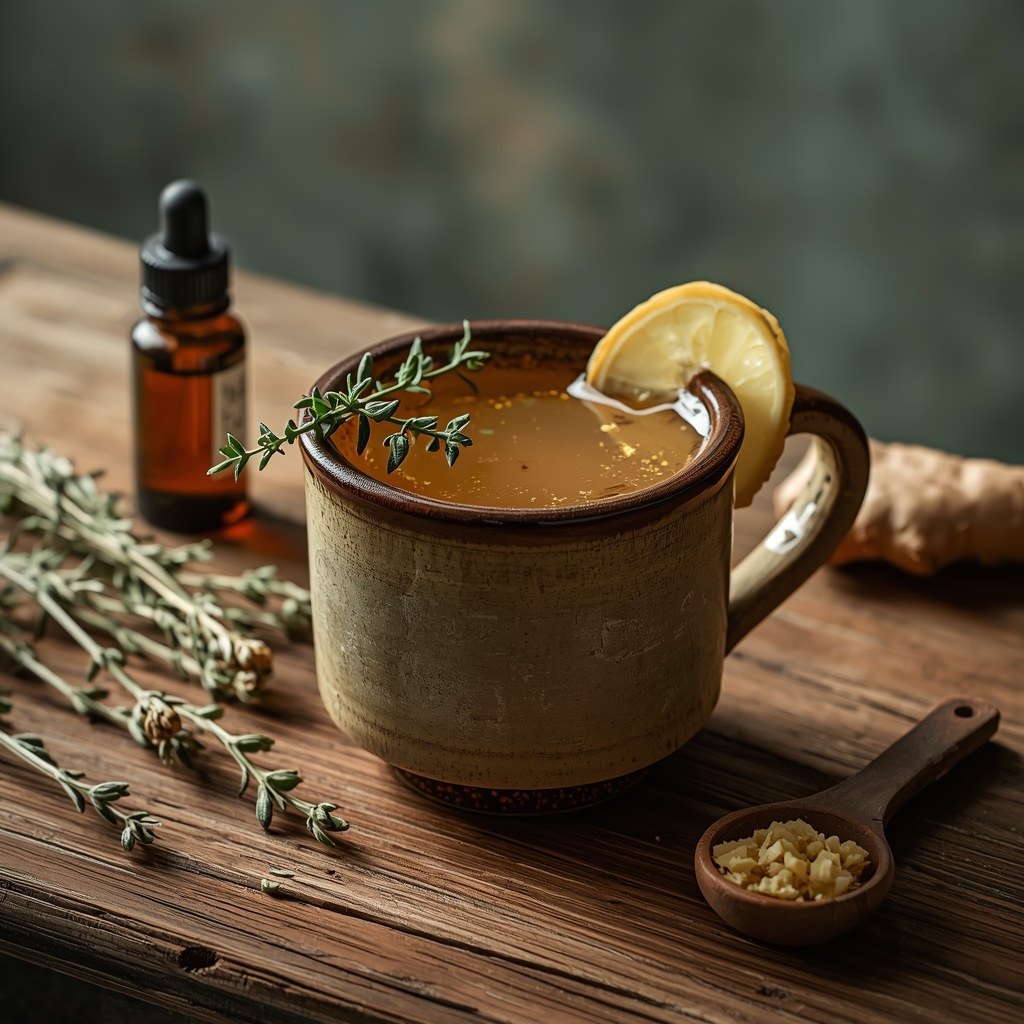 Oregano Shield Tonic — The 3-Herb Antimicrobial Tonic That Targets SIBO at Its Root lucid origin hyper realistic editorial lifestyle food photography of a warm amber gold slight 0 2