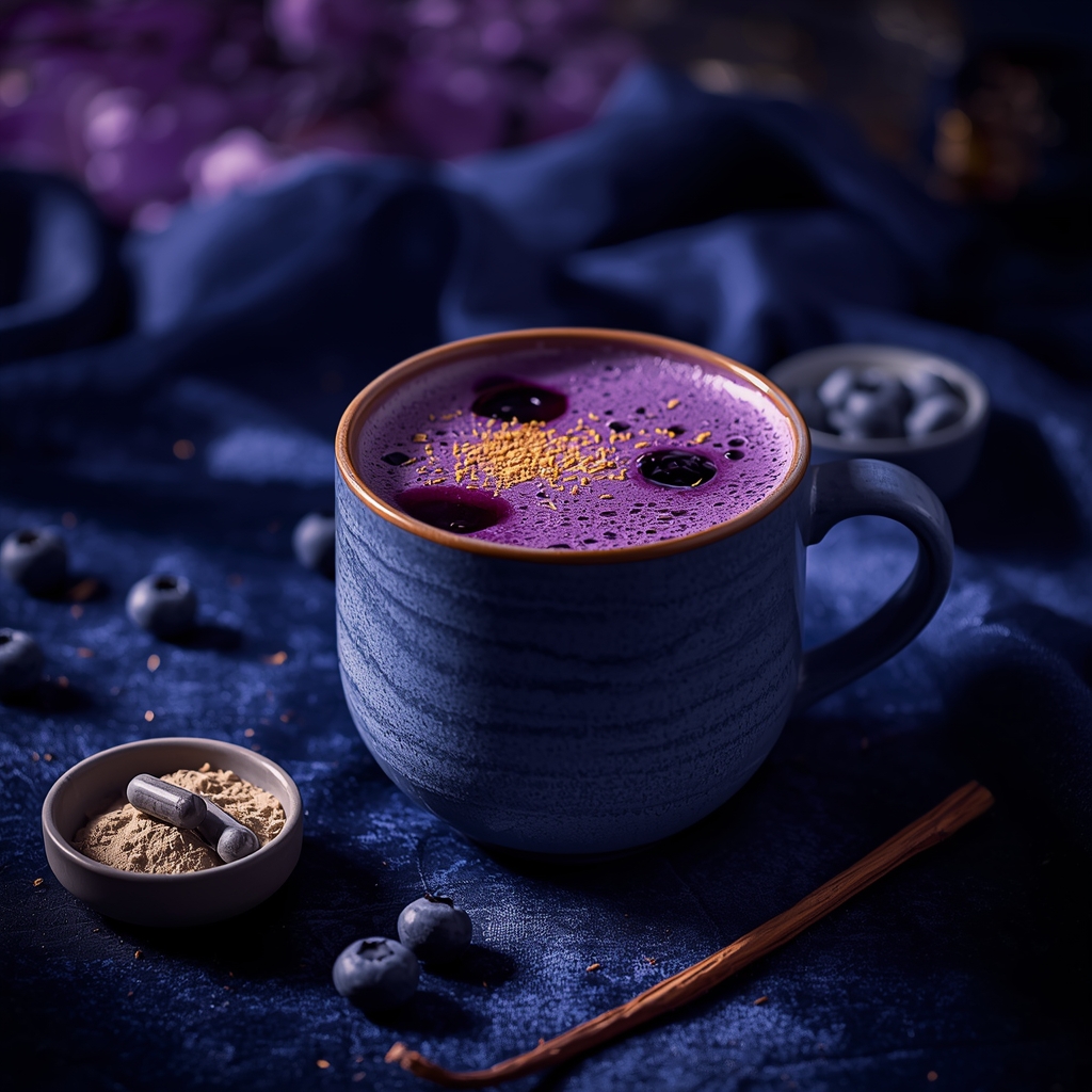 Inner Light Infusion — The Cognitive Sip for the Aphantasia-Curious Mind lucid origin hyper realistic editorial lifestyle food photography of a warm deep blue purple 3