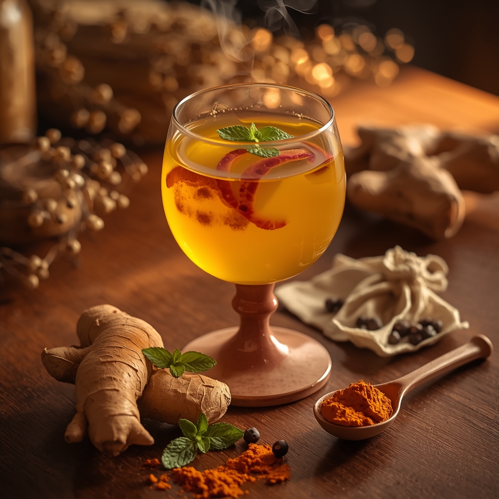 Pelvic Ember Calm — A Daily Tonic Built for Endometriosis Inflammation lucid origin hyper realistic editorial lifestyle food photography of a warm golden amber endo 1