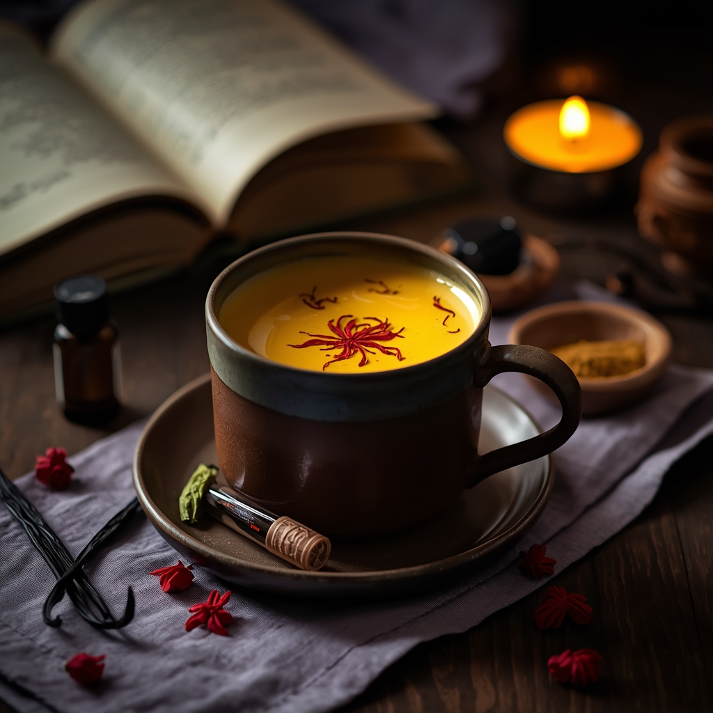 Saffron Nerve Hush: The Pharmacist's Evening Latte for Fibromyalgia Calm lucid origin hyper realistic editorial lifestyle food photography of a warm golden cream saff 2