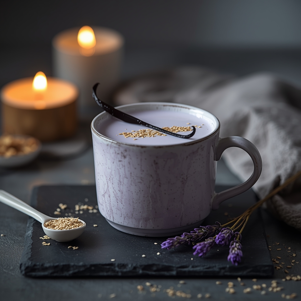 Equilibrium Evening Elixir — The Lithium-Compatible Bedtime Sip for Bipolar Mood Stability lucid origin hyper realistic moody editorial food photography of a warm soft lavender creamy 0
