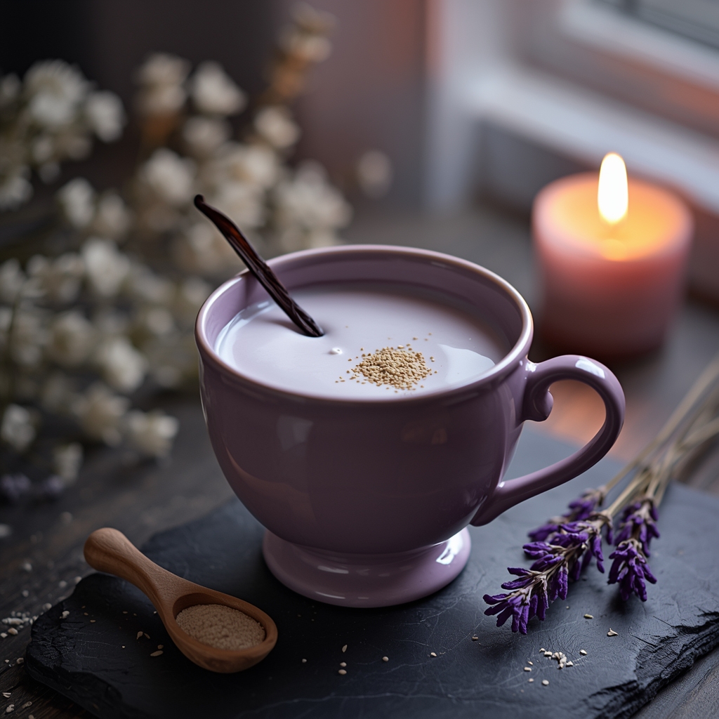 Equilibrium Evening Elixir — The Lithium-Compatible Bedtime Sip for Bipolar Mood Stability lucid origin hyper realistic moody editorial food photography of a warm soft lavender creamy 2