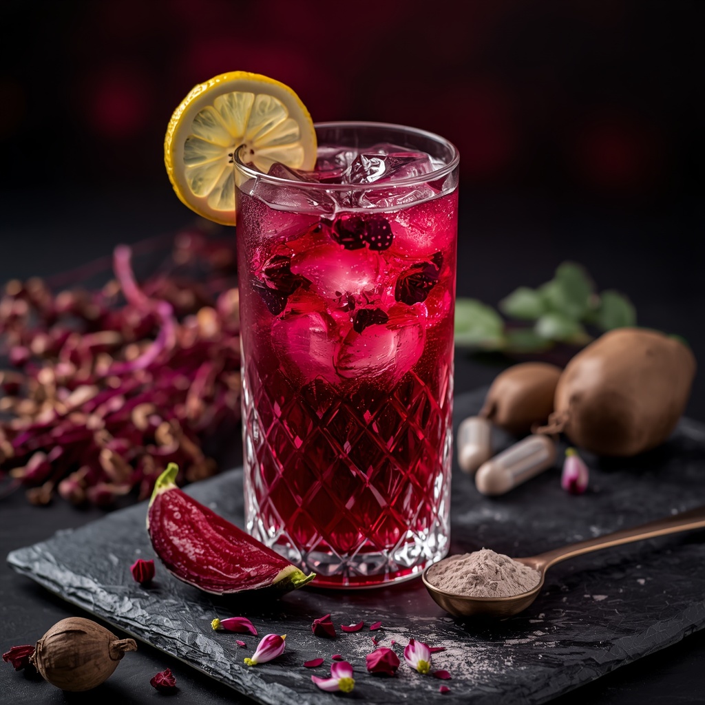 Pressure Ease Bloom — The Lifestyle-First Hibiscus Sip for the 30% of Adults in Stage 1 Hypertension lucid origin hyper realistic close up editorial food photography of a deep ruby rose hibiscus 1
