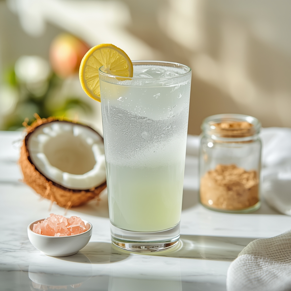Bowel Adapt Infusion — An ORS-Style Sip Built for Short Bowel Syndrome lucid origin hyper realistic close up editorial food photography of a hydrating clear pale gr 3