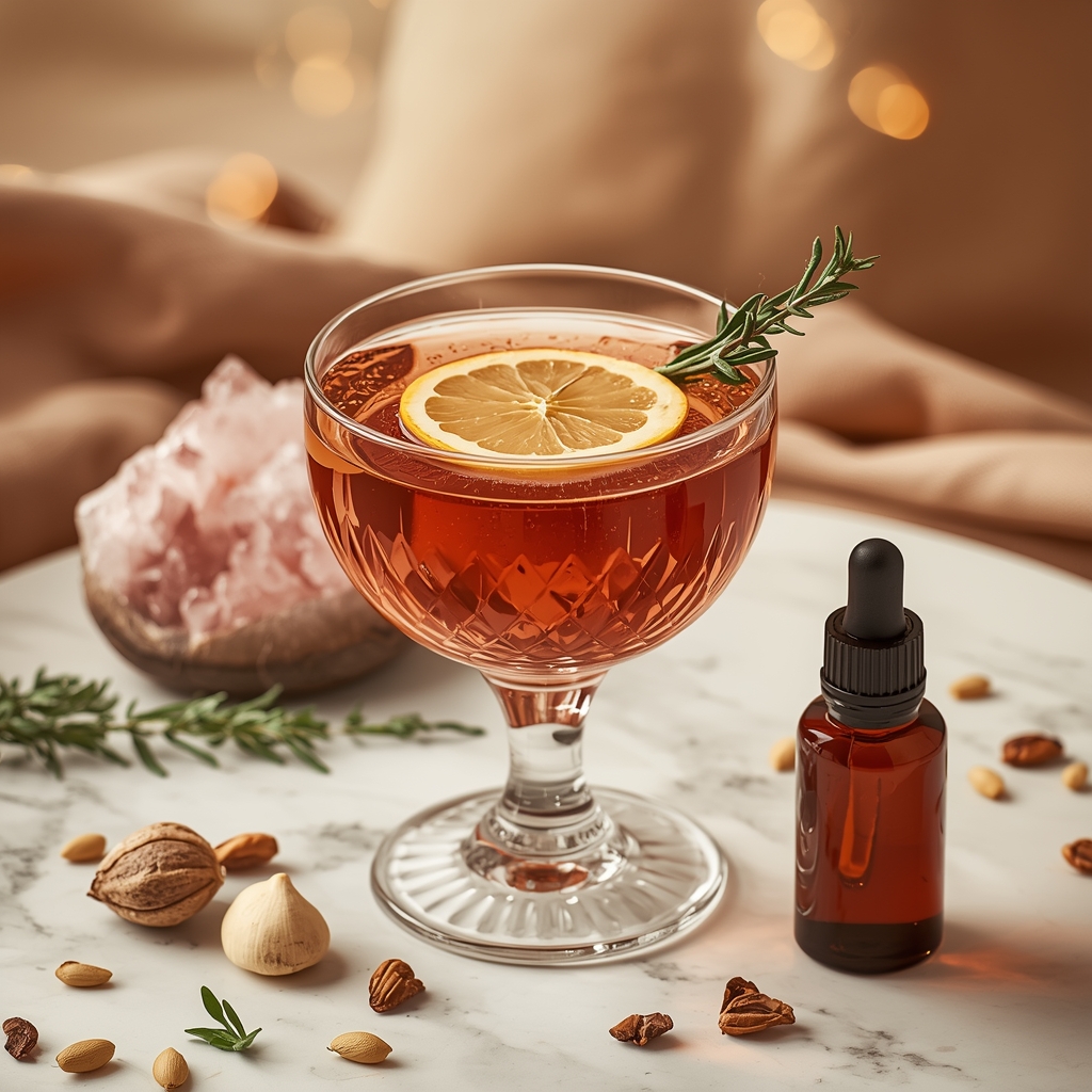 Nail Fortify Bloom โ A Pau d'Arco and Oregano Sip for Stubborn Toenail Fungus lucid origin hyper realistic close up editorial food photography of a luxurious deep rose amb 1