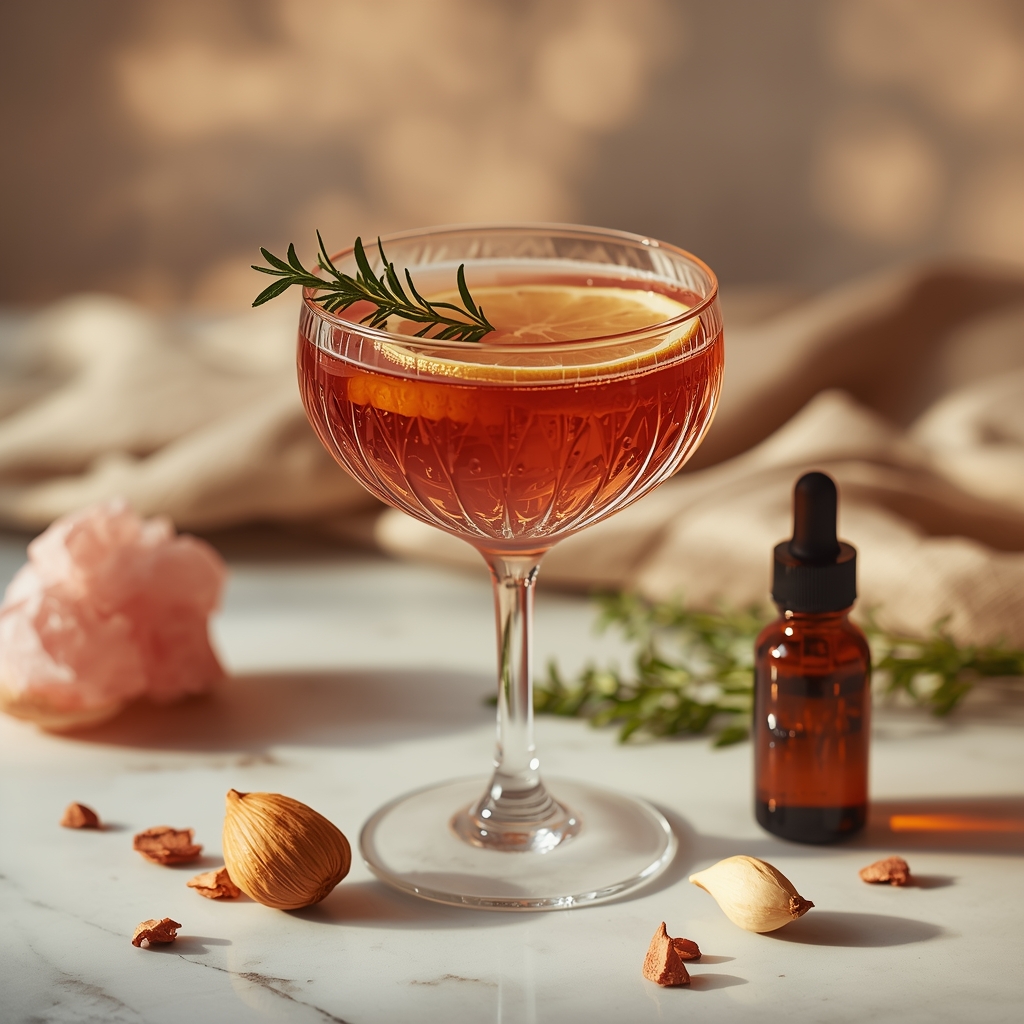 Nail Fortify Bloom — A Pau d'Arco and Oregano Sip for Stubborn Toenail Fungus lucid origin hyper realistic close up editorial food photography of a luxurious deep rose amb 3