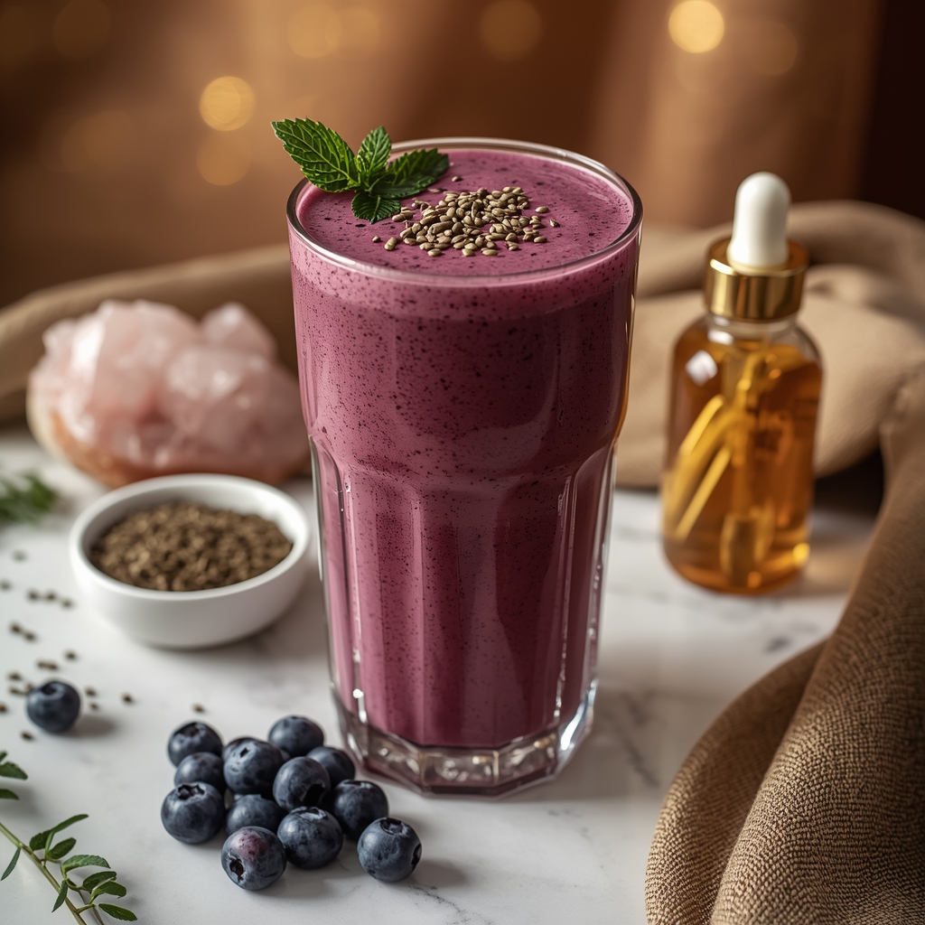 Patch Bloom Revival โ A Vitamin D and Zinc Smoothie for Alopecia Areata lucid origin hyper realistic close up editorial food photography of a silky rose purple alope 2
