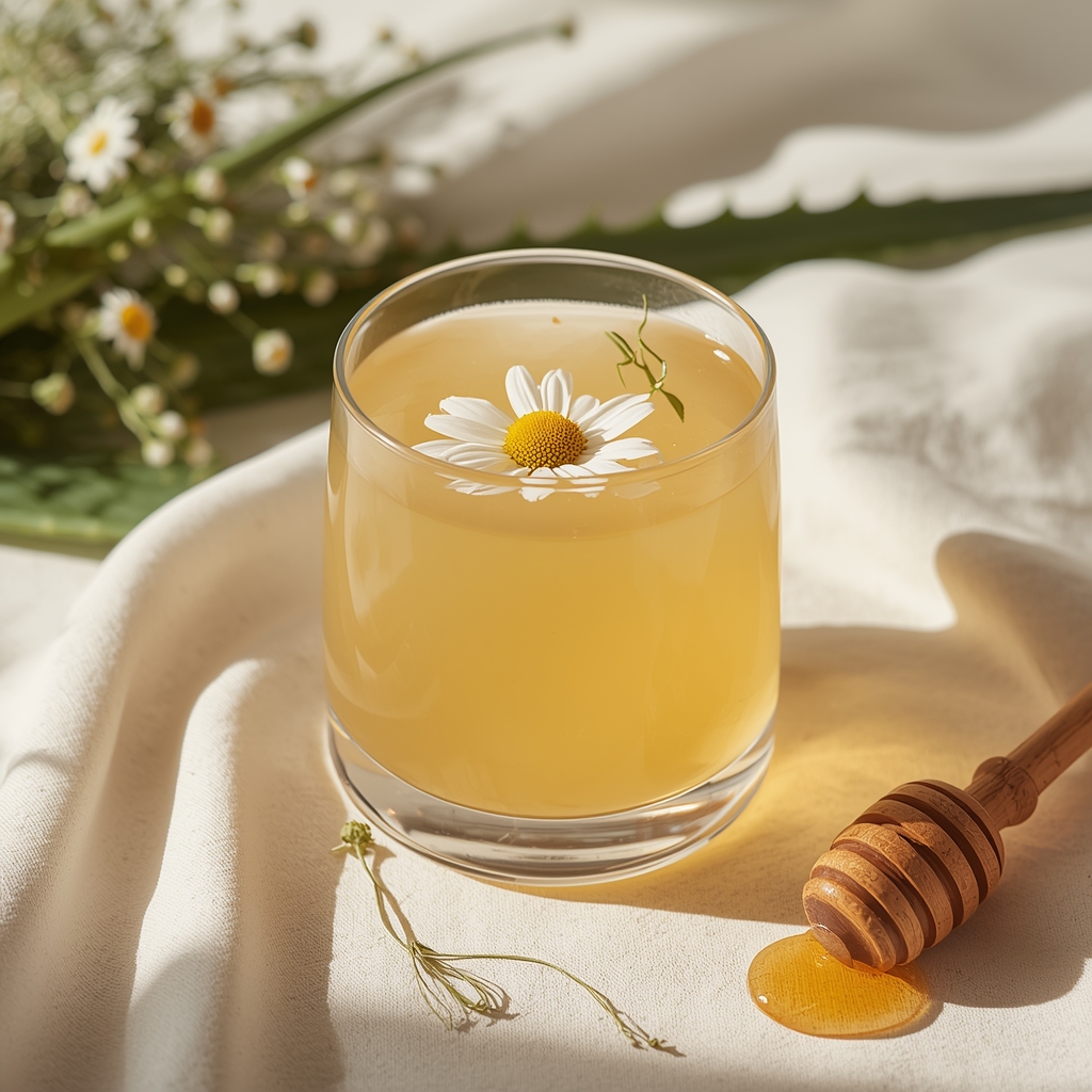 Oral Calm Cascade — A Soothing Sip for the Burning Mouth of Oral Lichen Planus lucid origin hyper realistic close up editorial food photography of a soft pale gold mucosal 3