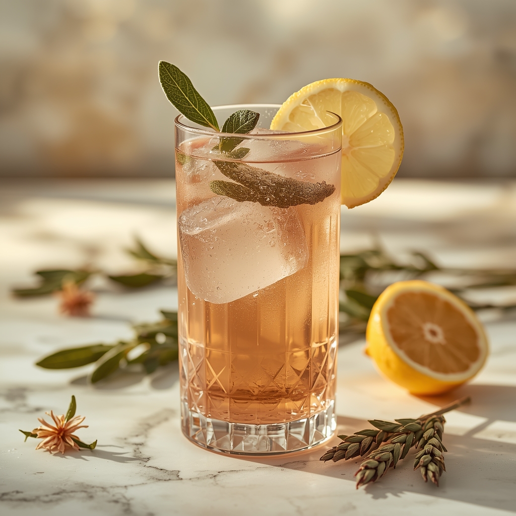 Sweat Balance Tonic — The Sage-Based Sip for Primary Hyperhidrosis lucid origin hyper realistic close up editorial food photography of a soft rose amber sympath 0