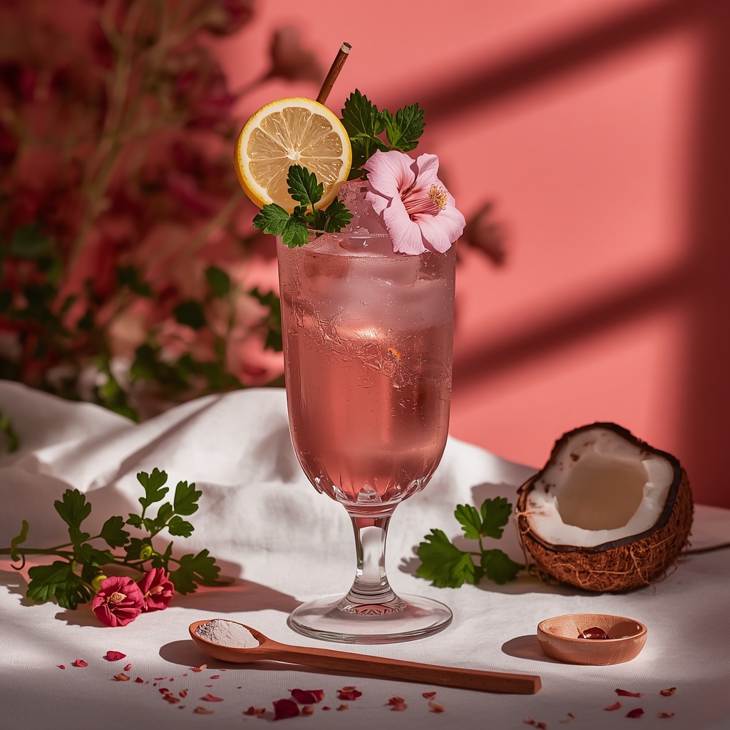 Cycle Flow Bloom — The Rosy Diuretic Sip Built for Mystery Pre-Period Bloating lucid origin hyper realistic close up editorial food photography of a soft rosy pink coral cy 2