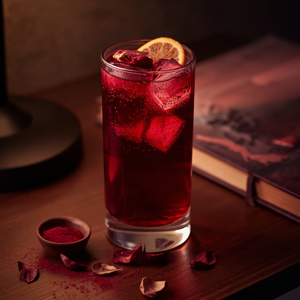 Night Fall Elixir — The Evening Sip Built for Blood Pressure That Won't Drop at Night lucid origin hyper realistic close up editorial food photography of a stunning deep ruby rose 0