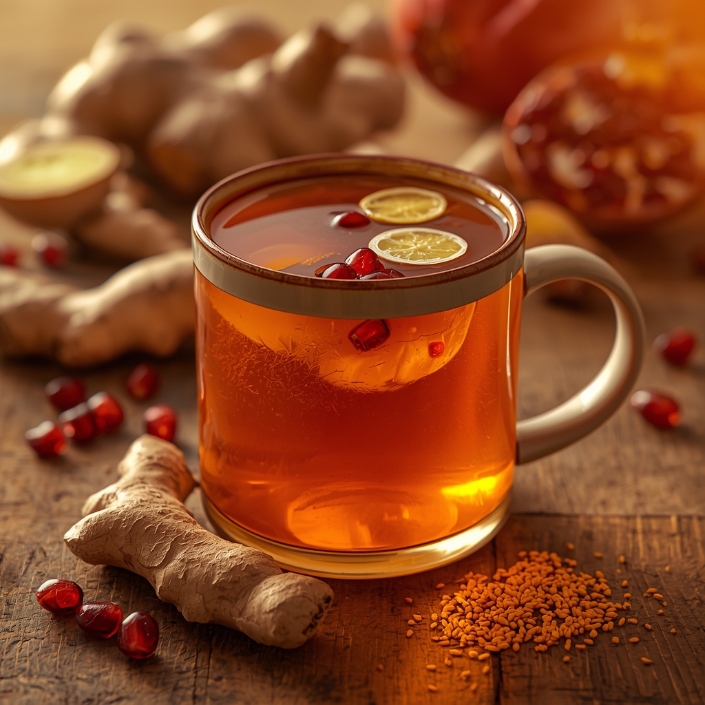 Post-Viral Ascent Tonic โ A Mitochondrial Recovery Sip for Lingering Fatigue lucid origin hyper realistic close up editorial food photography of a warm glowing golden amb 0