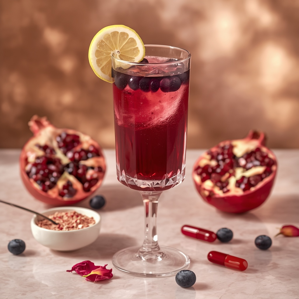 Pigment Fade Tonic — A Slow-Recovery Sip for Drug-Induced Hyperpigmentation lucid origin hyper realistic editorial lifestyle food photography of a deep rosy burgundy pig 3