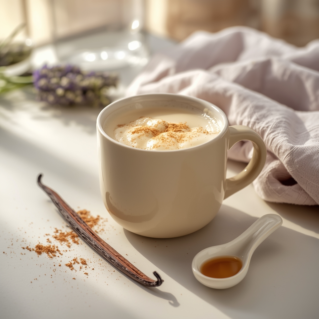 Tic Tide Tonic — A Quiet Adjunct Sip for Adults Living With Tourette's lucid origin hyper realistic editorial lifestyle food photography of a soft creamy lavender c 1