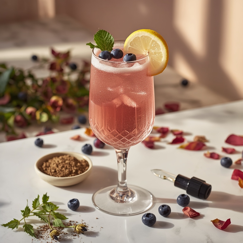 Blister Calm Cascade — A Niacinamide-Forward Sip for Bullous Pemphigoid in Stable Phase lucid origin hyper realistic editorial lifestyle food photography of a soft rosy burgundy aut 3