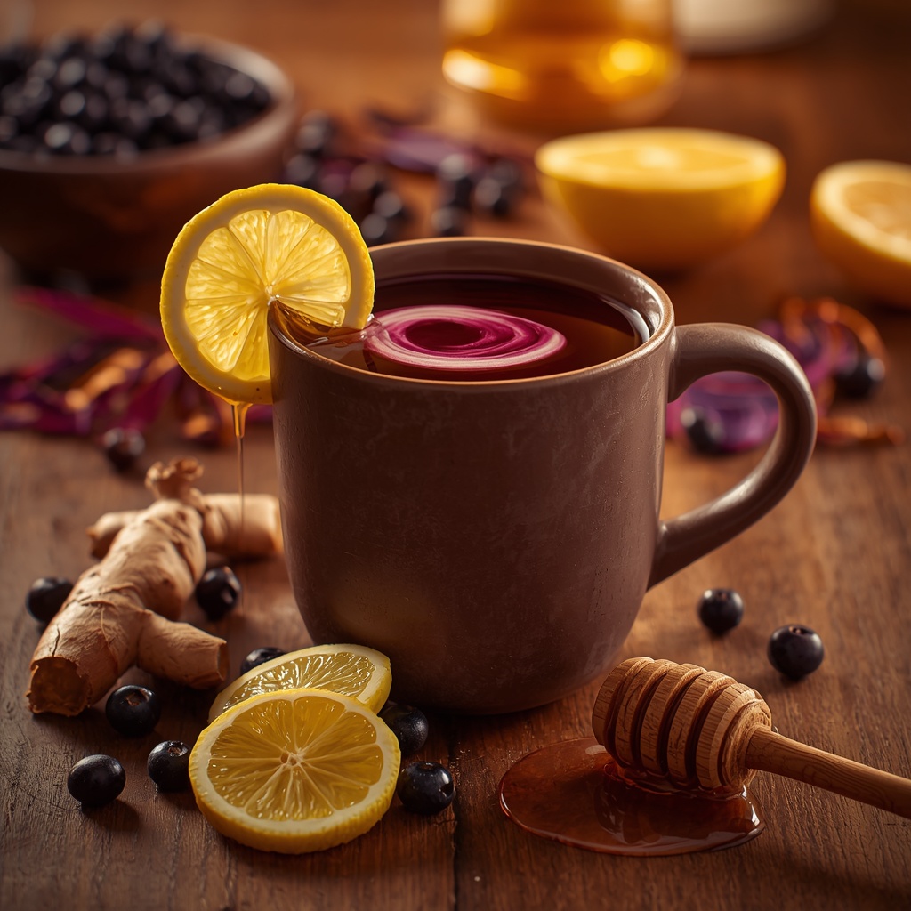 Immune Foundation Glow — The Warm Sip Stacking the 4 RCT-Validated Cold-Season Nutrients lucid origin hyper realistic editorial lifestyle food photography of a warm amber violet elde 0