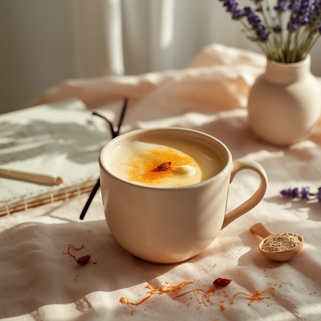 Mood Steady Evening — A Saffron-and-Almond Sip Designed Around Bipolar II Depression Without Triggering Mania lucid origin hyper realistic editorial lifestyle food photography of a warm cream saffron moo 2