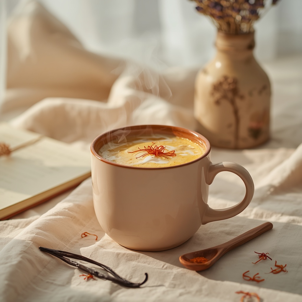 lucid origin hyper realistic editorial lifestyle food photography of a warm cream saffron moo 3