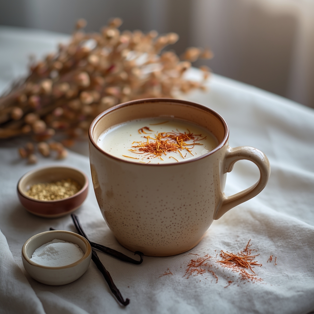 Sound Harbor Elixir — A Saffron and Glycine Brew for the Sound-Sensitive Brain lucid origin hyper realistic editorial lifestyle food photography of a warm dusty rose lavend 1