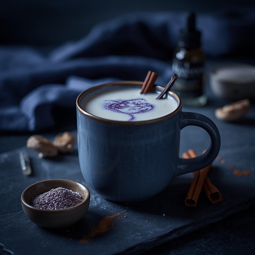 Spatial Clarity Brew — A Mid-Morning Sip for Adults Whose Brains Process Differently lucid origin hyper realistic moody editorial food photography of a creamy ivory blue spatial 1