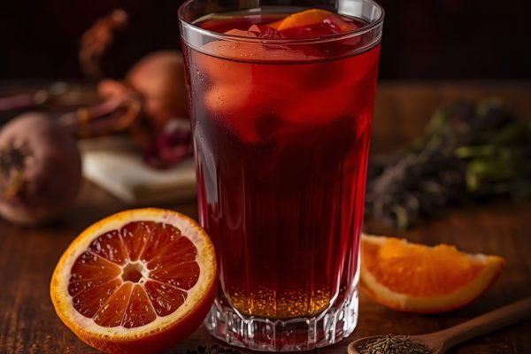 lucid origin hyper realistic close up editorial food photography of a deep amber crimson iron 3