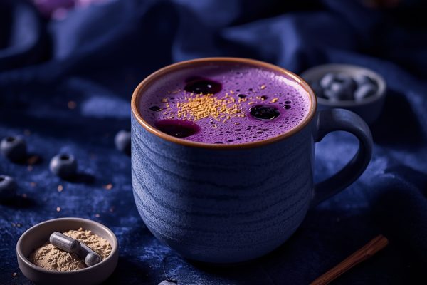 lucid origin hyper realistic editorial lifestyle food photography of a warm deep blue purple 3